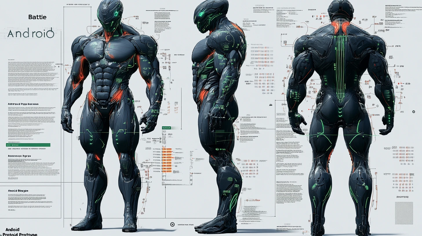 3d engineering diagram of a massive battle cyborg prototype