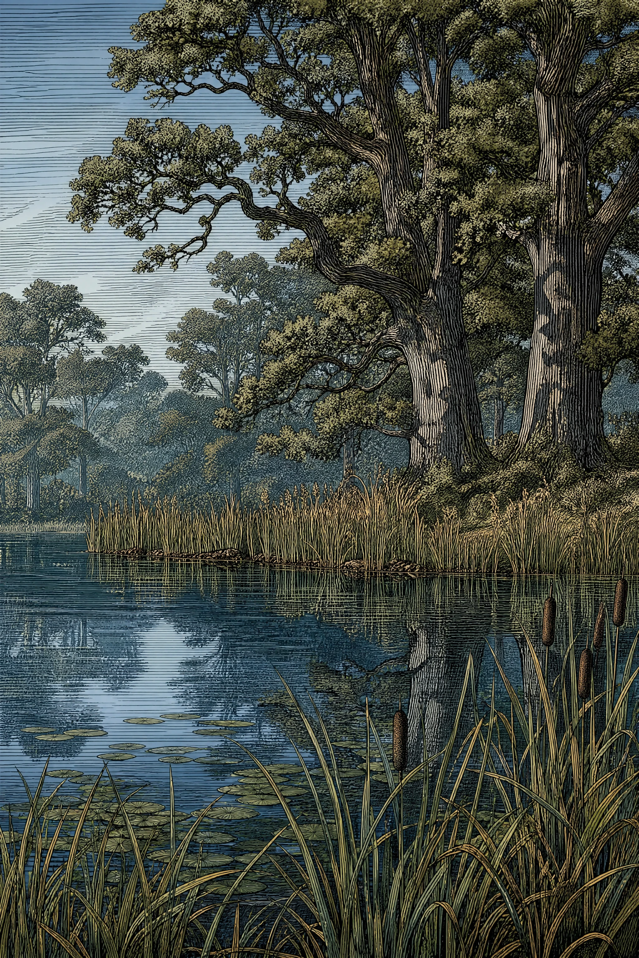 Ilustración tranquila a orillas del lago con árboles y cielo matutino