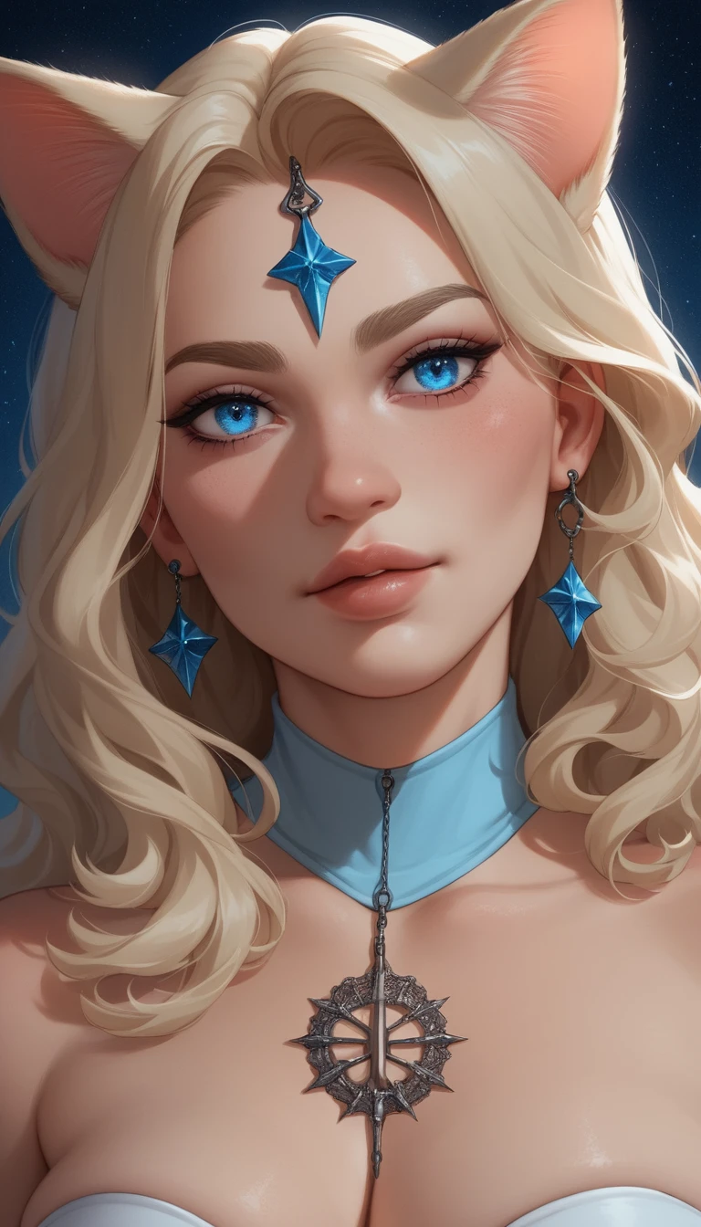 Mujer anime con orejas de gato en primer plano y ojos azules