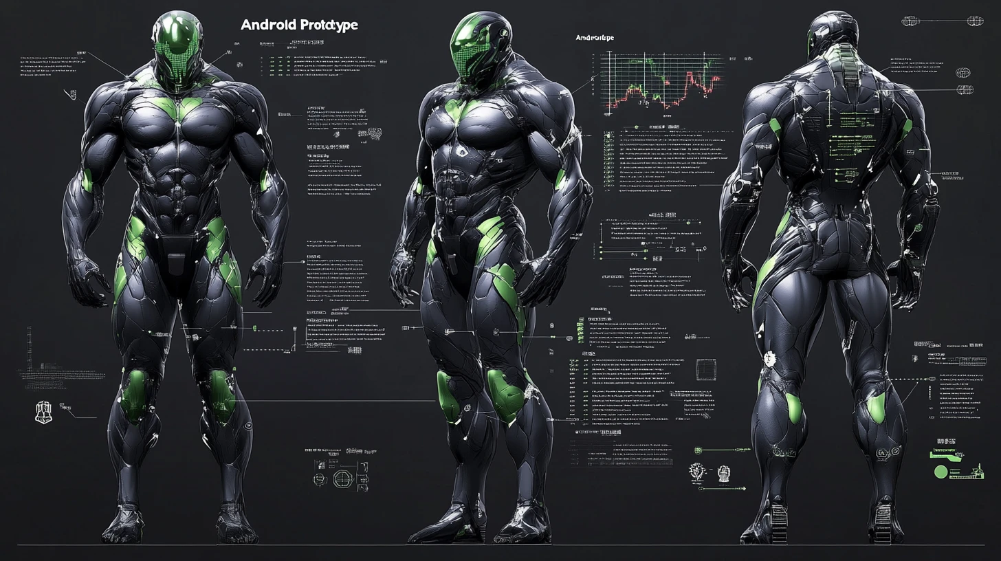 Full body 3D diagram of a massive battle cyborg prototype
