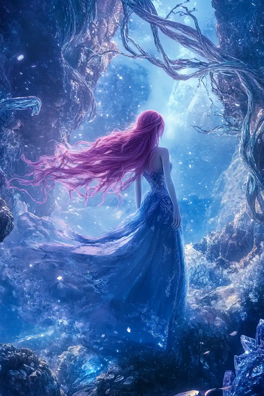 Femme éthérée aux cheveux roses dans un paysage extraterrestre lumineux