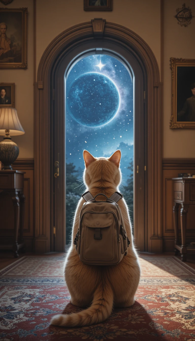 Gato con mochila frente a un Stargate en un salón victoriano