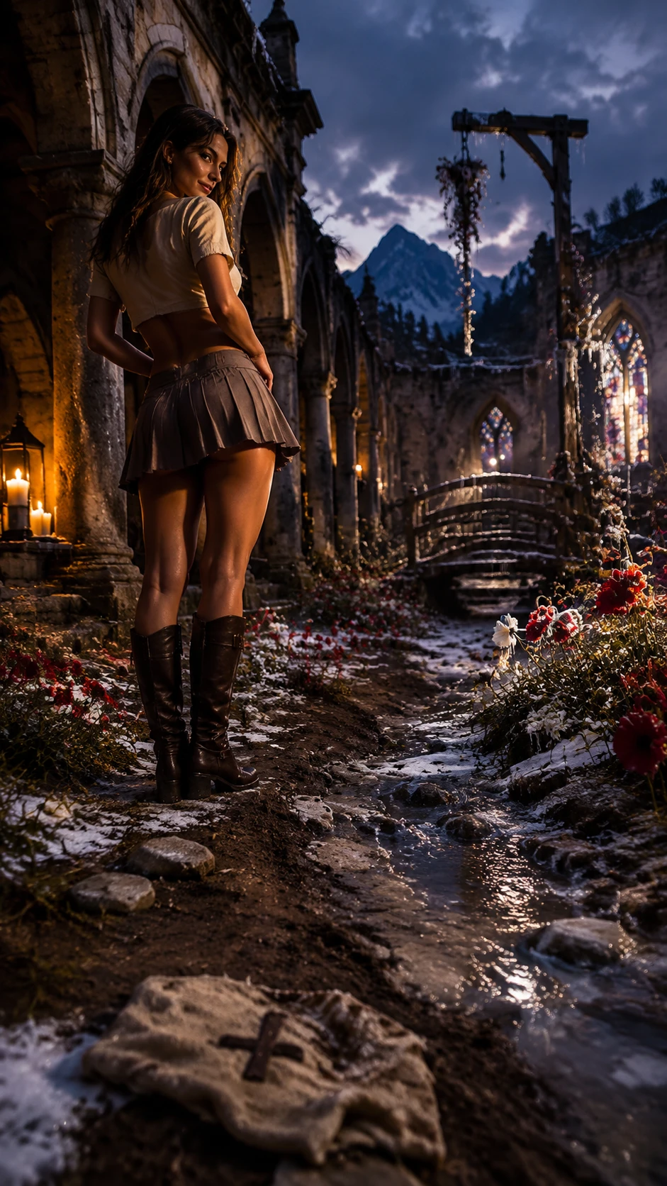 Joven con minifalda en el patio de un monasterio al atardecer