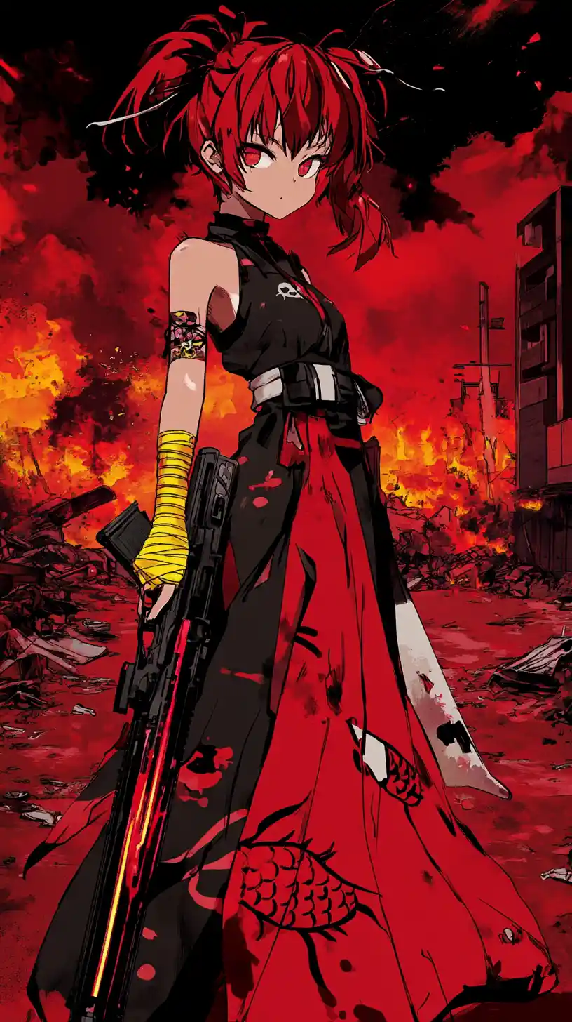 Ragazza anime con fucile in una zona di guerra urbana in fiamme
