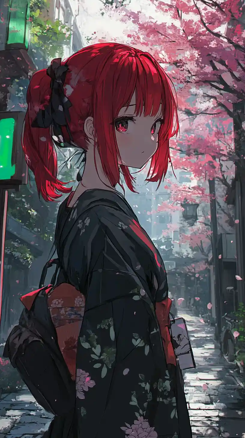 Chica de anime pelirroja con outfit futurista de streetwear