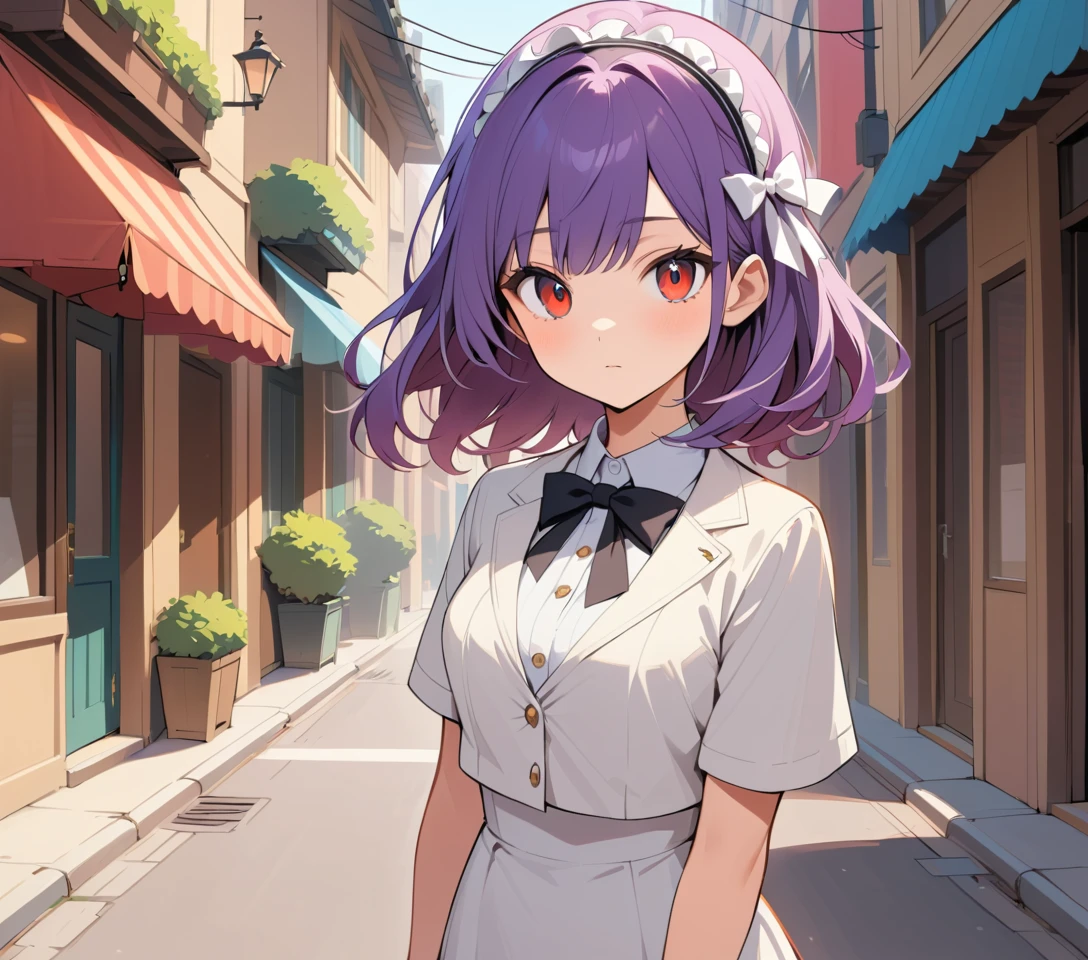 Chica de anime con atuendo blanco en una calle de la ciudad