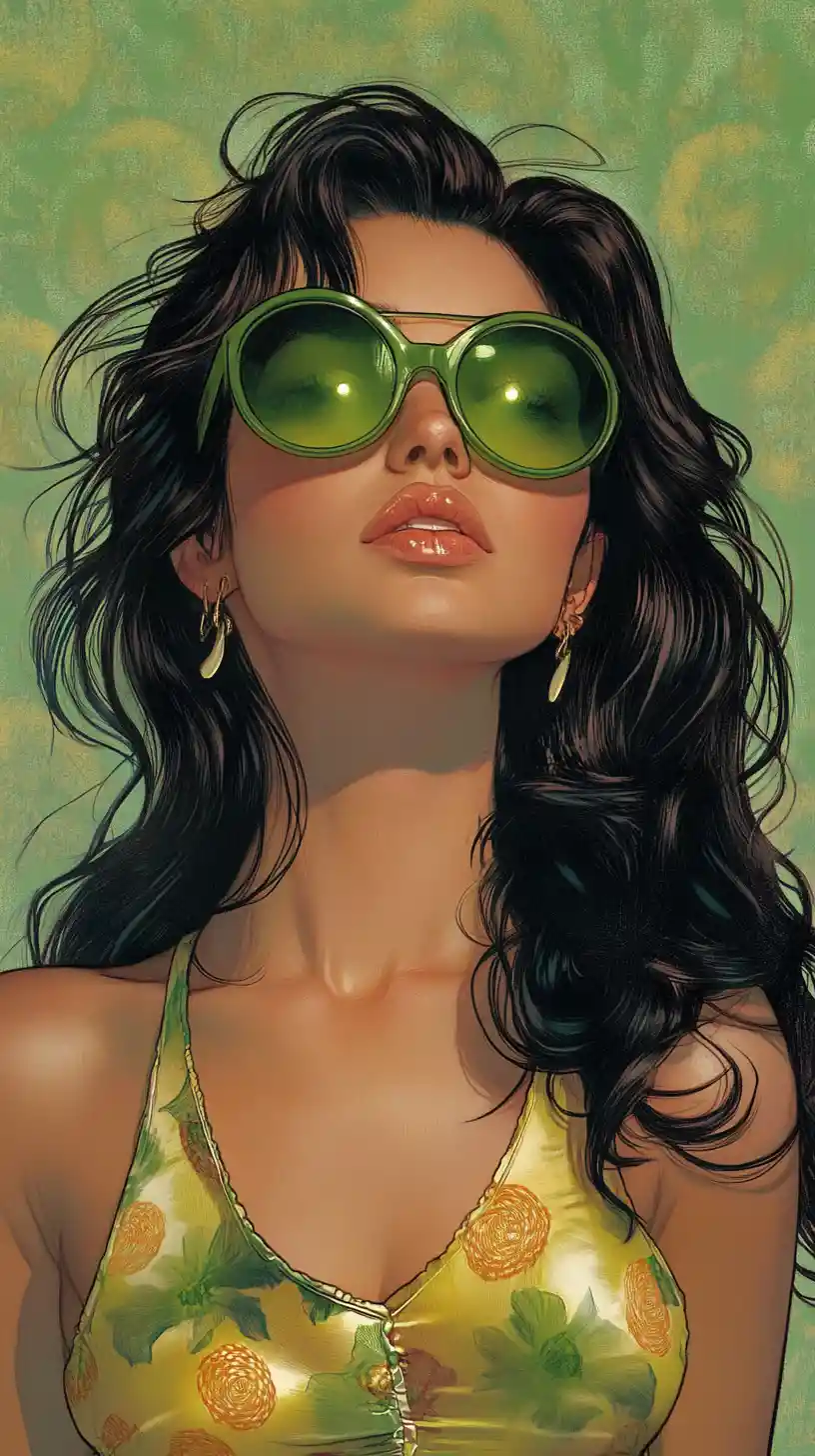 Comic-Nahaufnahme einer Frau mit grüner Sonnenbrille