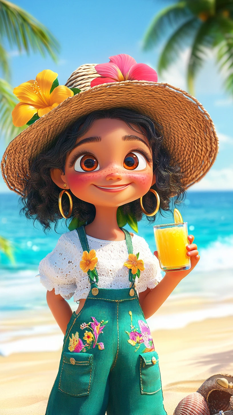Niña sonriente con jugo en una playa tropical soleada