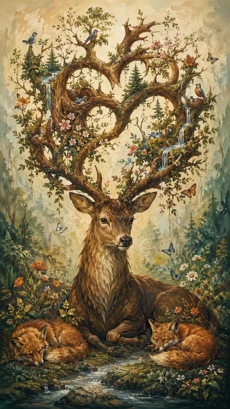 Maestoso cervo del bosco con corna in fiore e piccola fauna selvatica