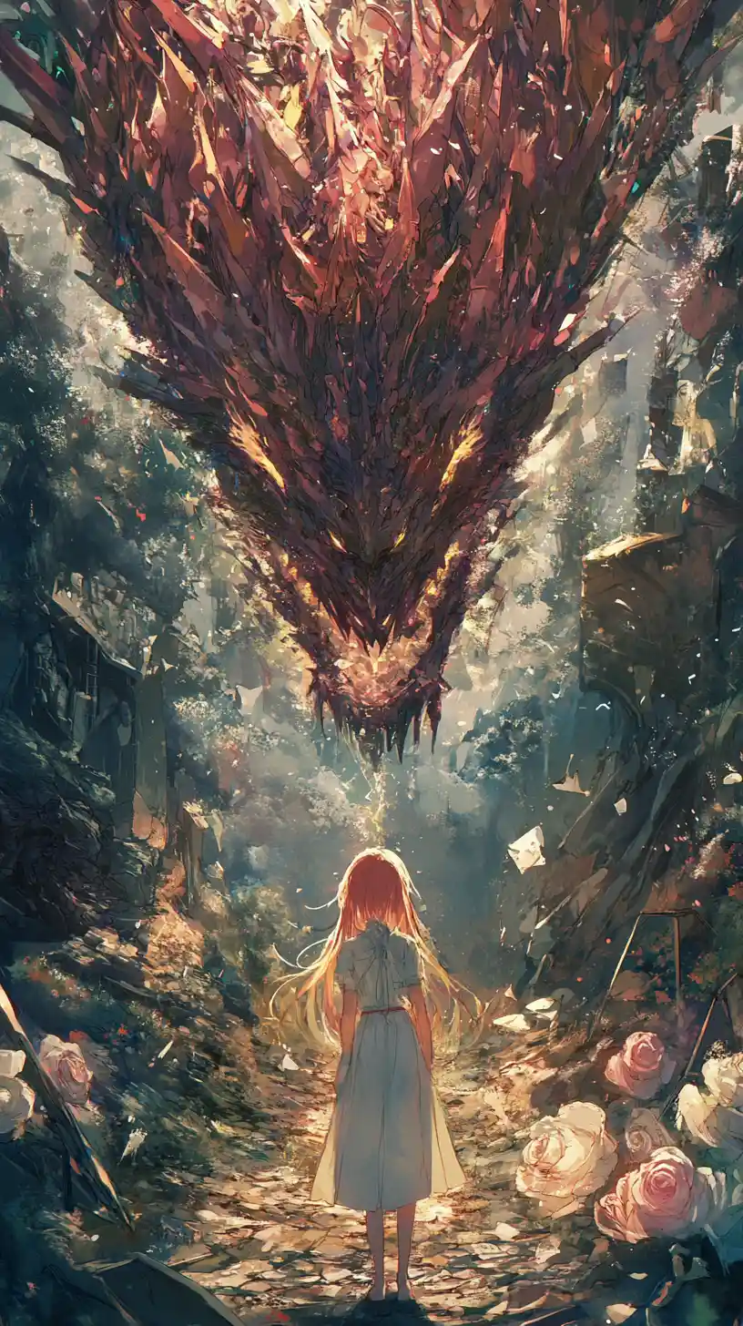 Anime girl watching her colorful world shatter like glass