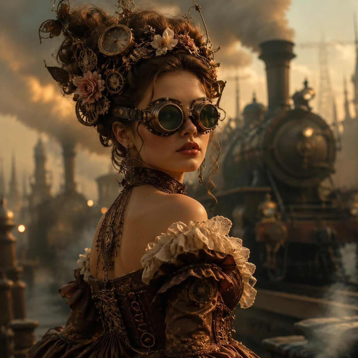 Musa steampunk con gafas de aviador al crepúsculo entre la niebla