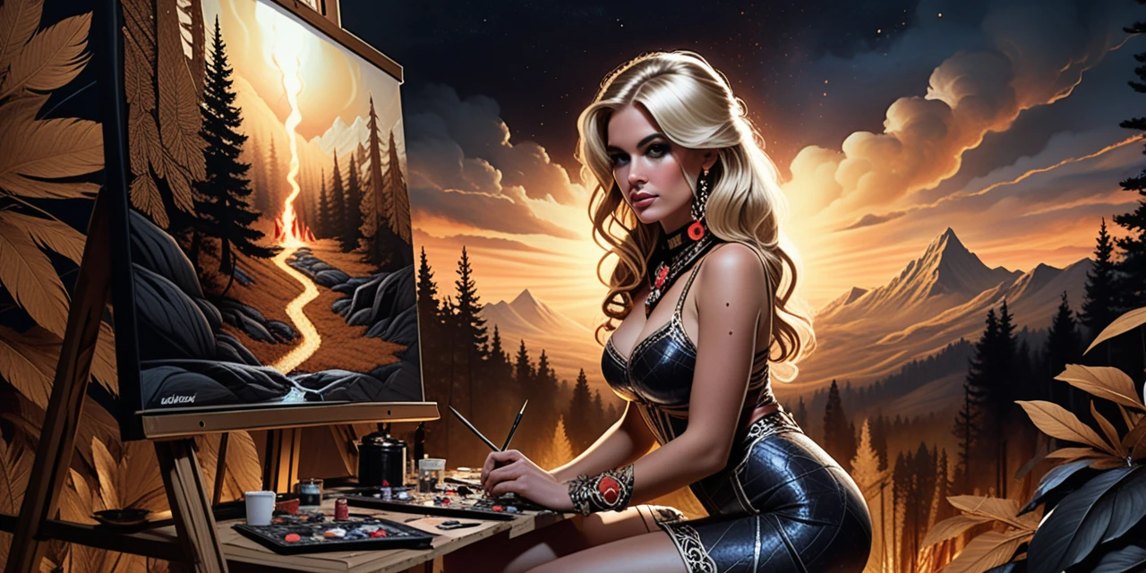 Blonde painter working on a forest fire canvas in studio
