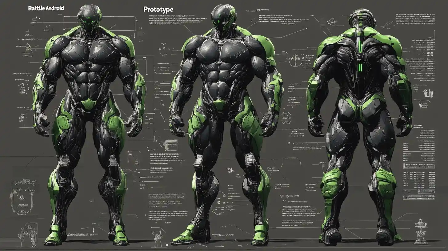 Technical 3D diagram of a muscular battle cyborg prototype