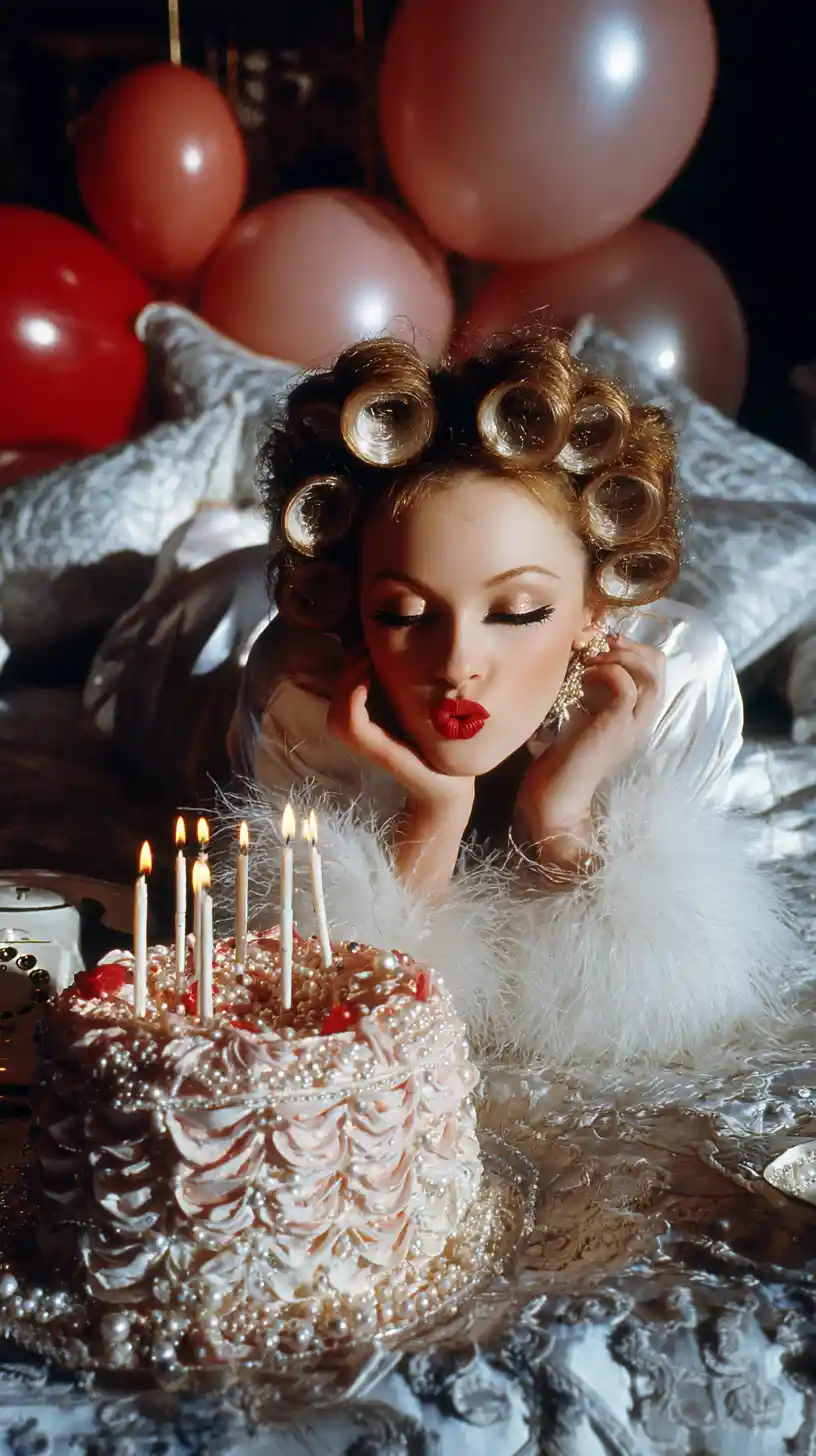 Mujer glamurosa en cama rosa posando con pastel de cumpleaños