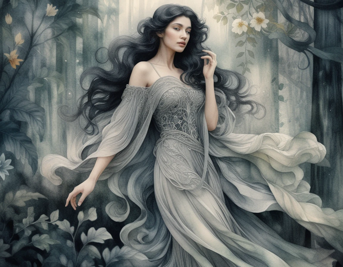Ethereal woman in flowing garments within mystical forest