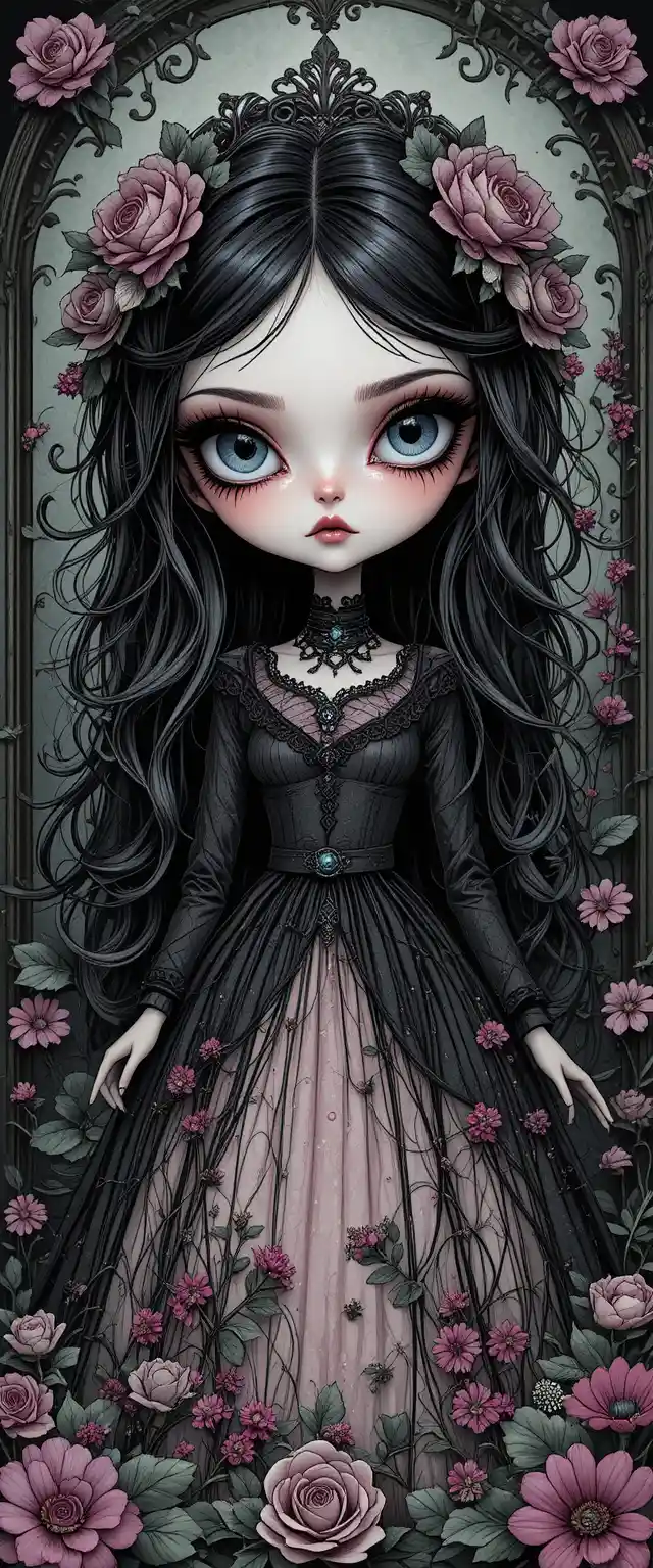 Gothic doll like girl with porcelain skin and dark hair