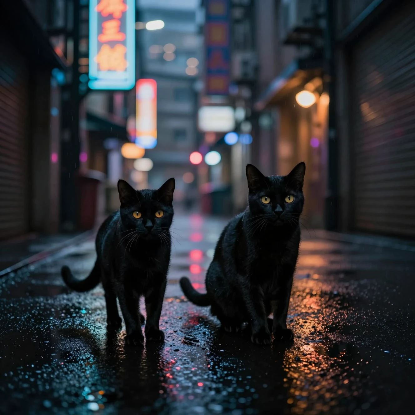 Dos gatos caminando por un callejón urbano lluvioso iluminado con neón