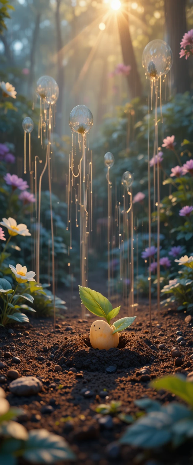 Pequeña plántula que despierta en un jardín mágico subterráneo