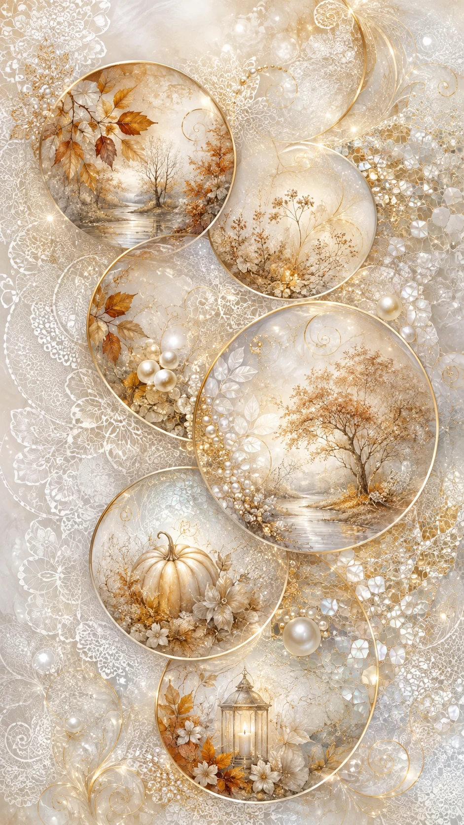 Glowing geometric circles with delicate autumn motifs and lace