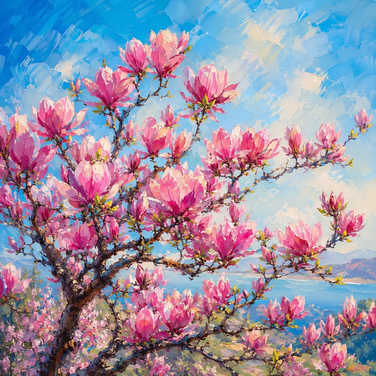 Ramas de magnolia en flor bajo un cielo azul suave
