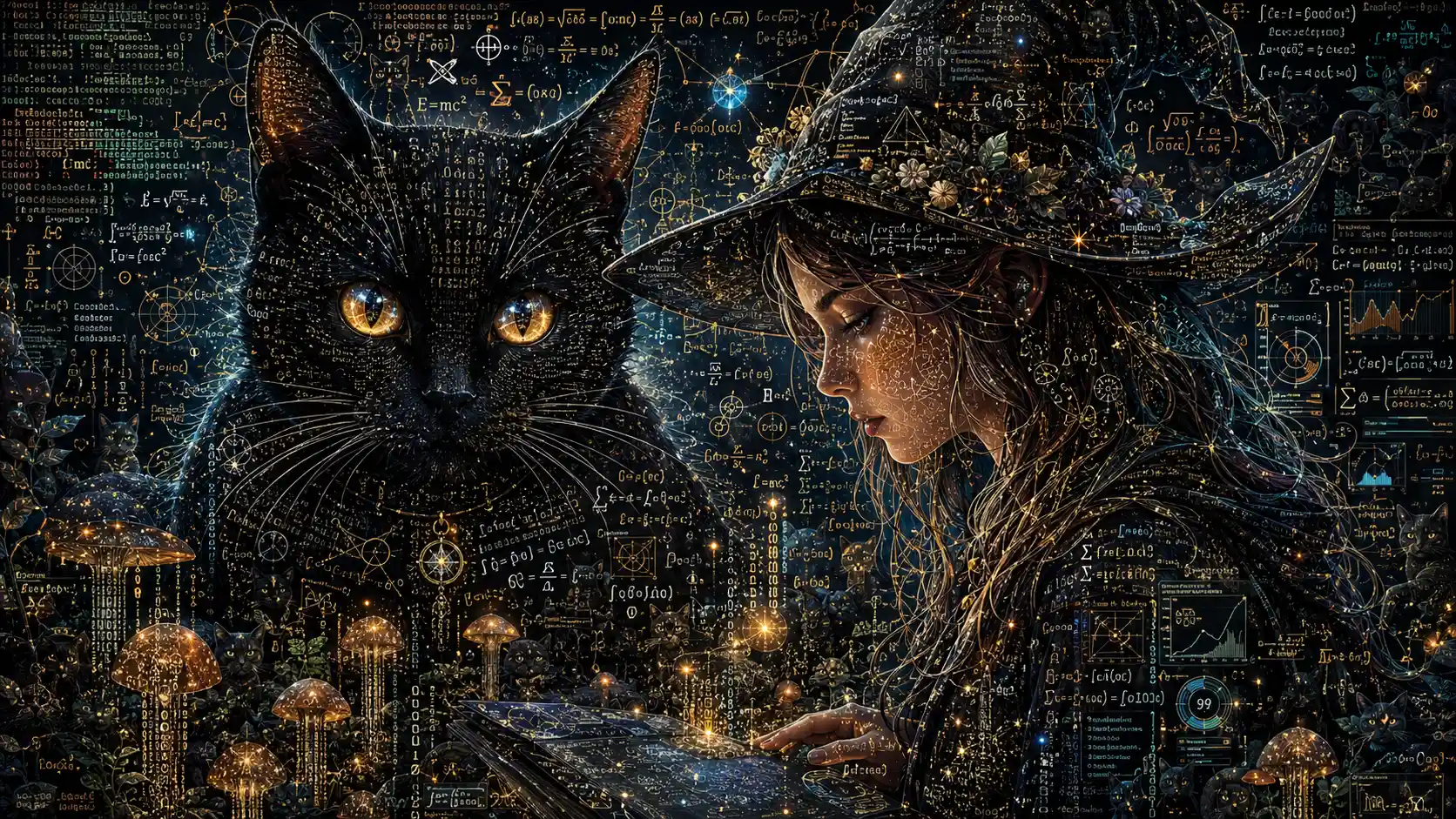 Gato negro de ojos brillantes junto a una bruja encantadora