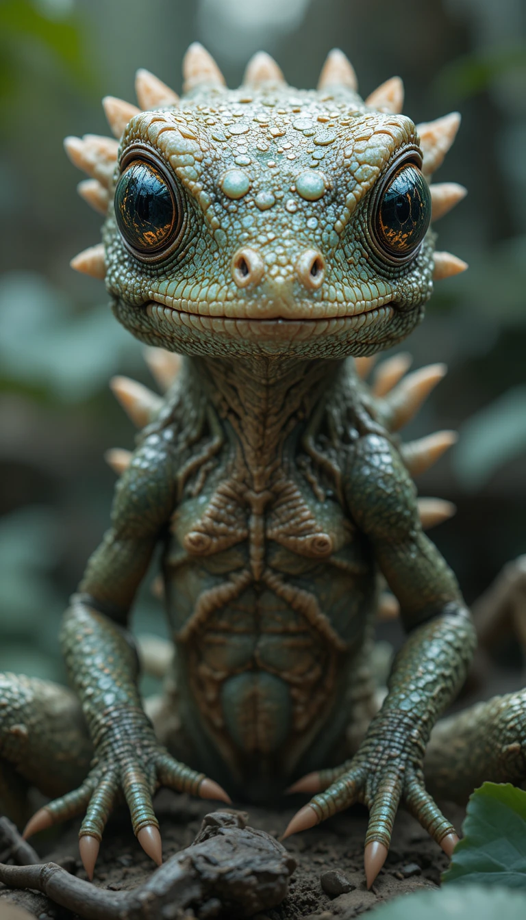Alienígena reptiliano feo entre salientes brillantes en forma de pétalo