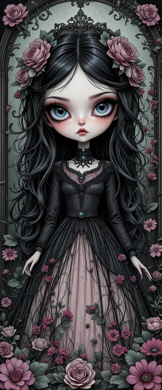 Gothic doll like girl with porcelain skin and dark hair