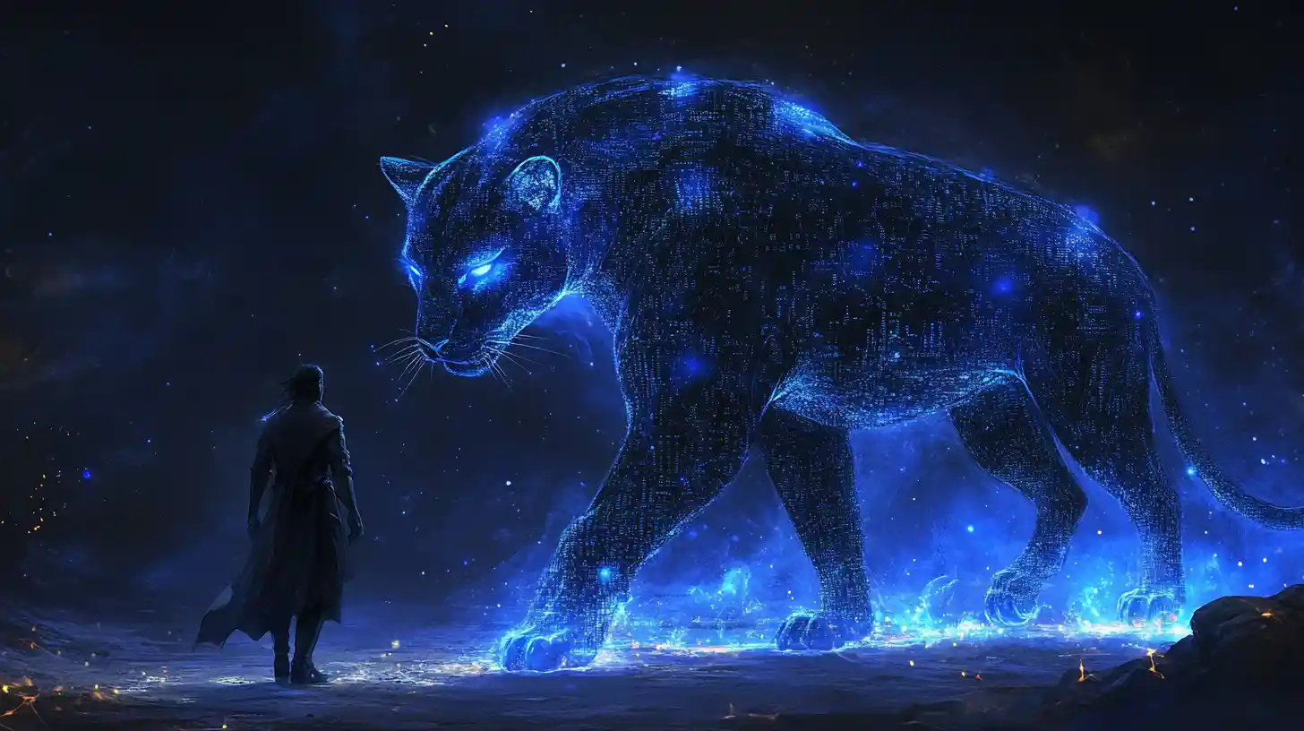 Warlock And Cosmic Panther Woven From Flowing Data Streams
