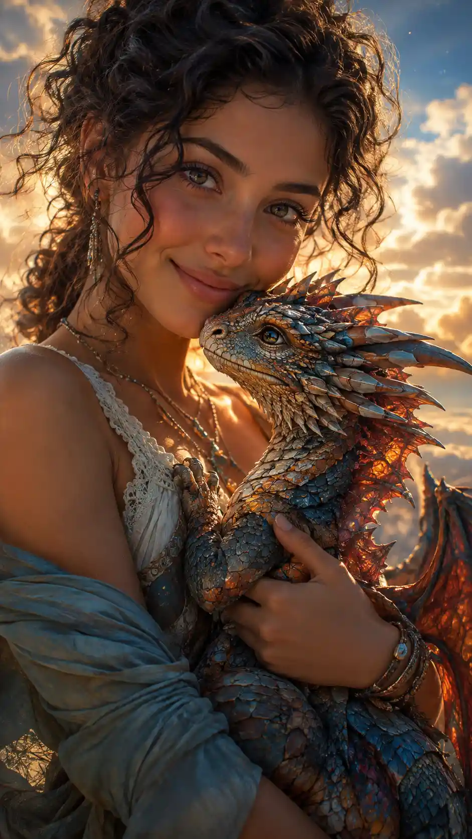 Niña sosteniendo a un bebé dragón en un cálido retrato en primer plano
