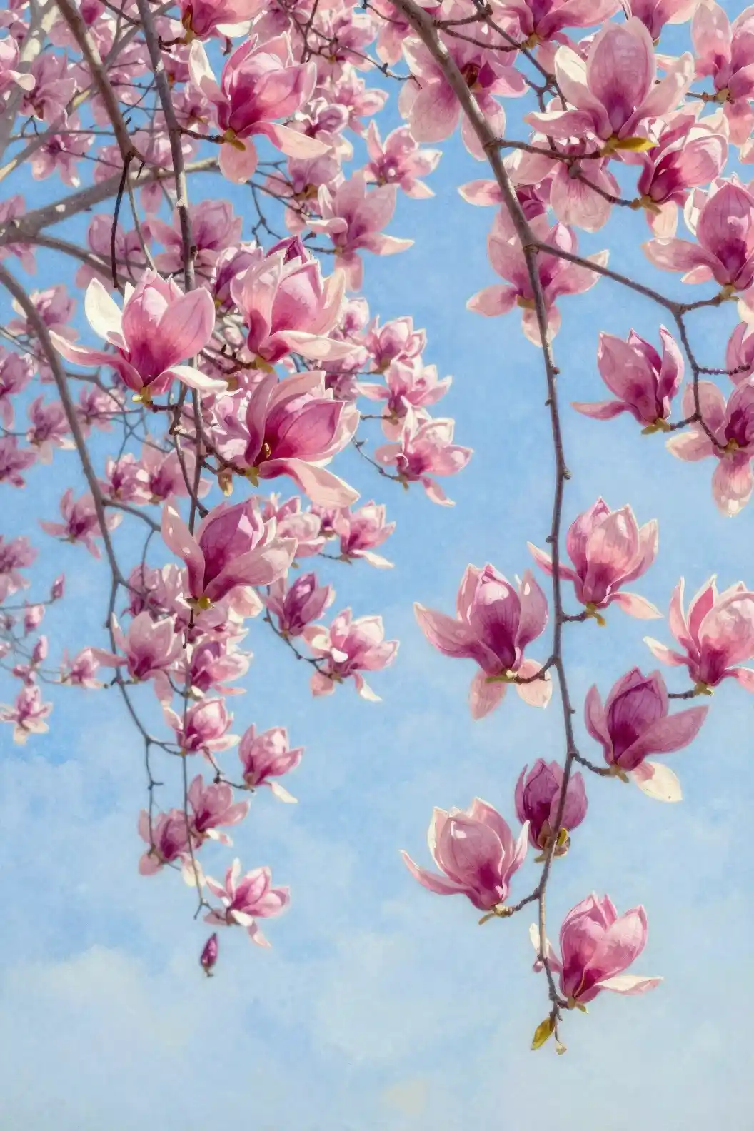 Fuchsia magnolia blossoms against a bright blue sky
