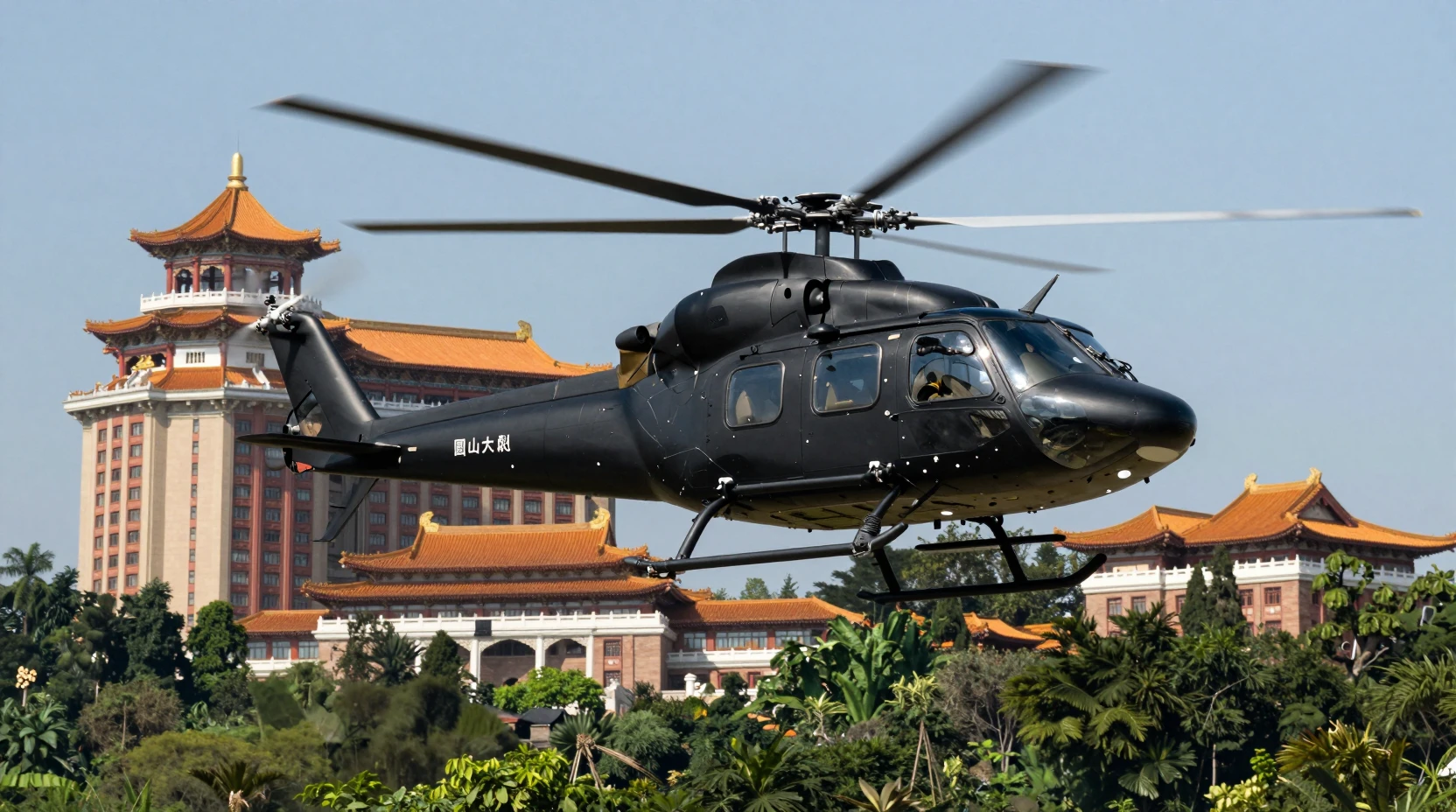 Black helicopter hovering before grand Chinese palace hotel