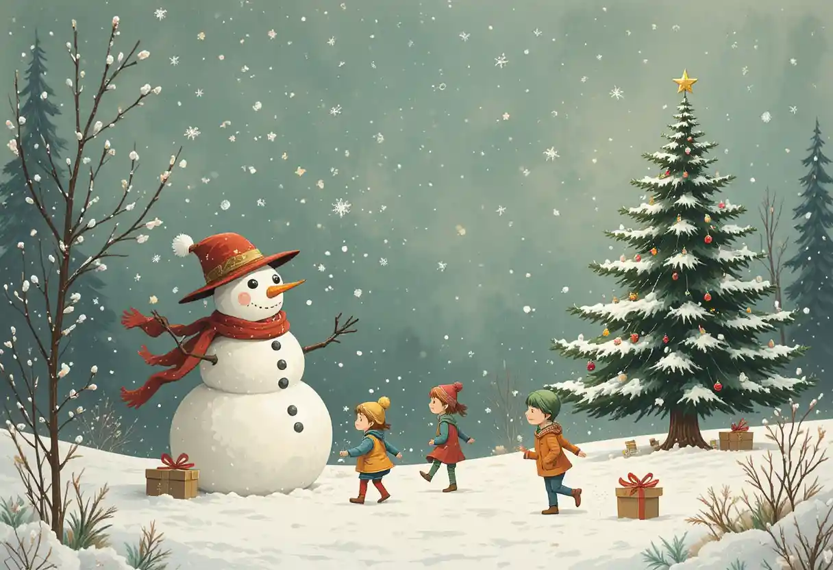 Crianças felizes construindo um boneco de neve ao lado de uma árvore de Natal