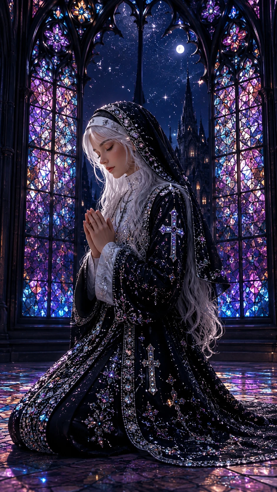 Monja de cabello platino arrodillada en interior gótico luminoso