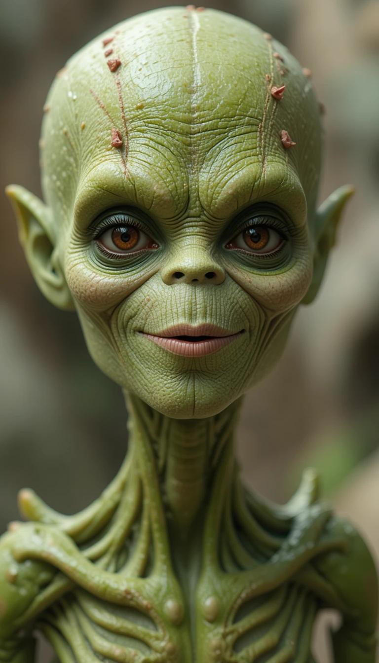 Alien sonriente entre protuberancias brillantes en forma de pétalo