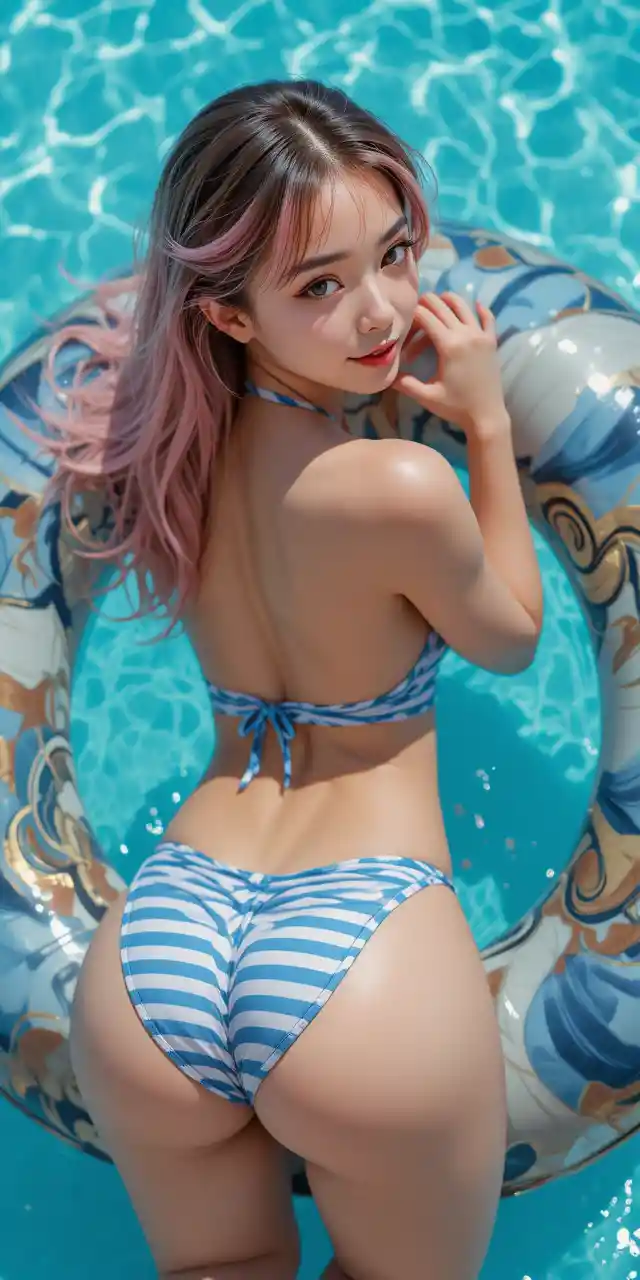 Mujer juguetona en bikini a rayas flotando en la piscina