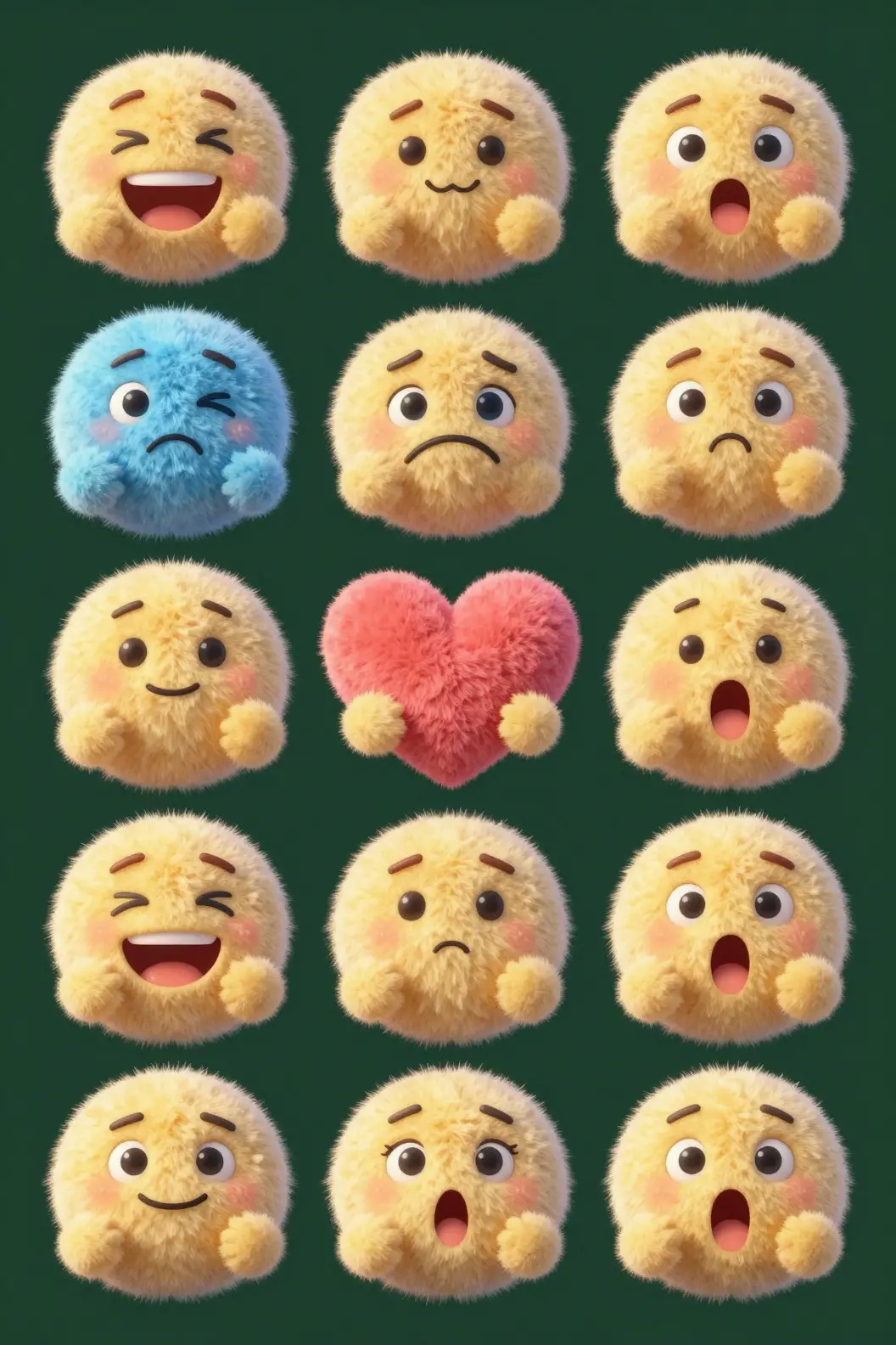 Grade lúdica de emojis 3D em fundo de pelúcia verde-escuro