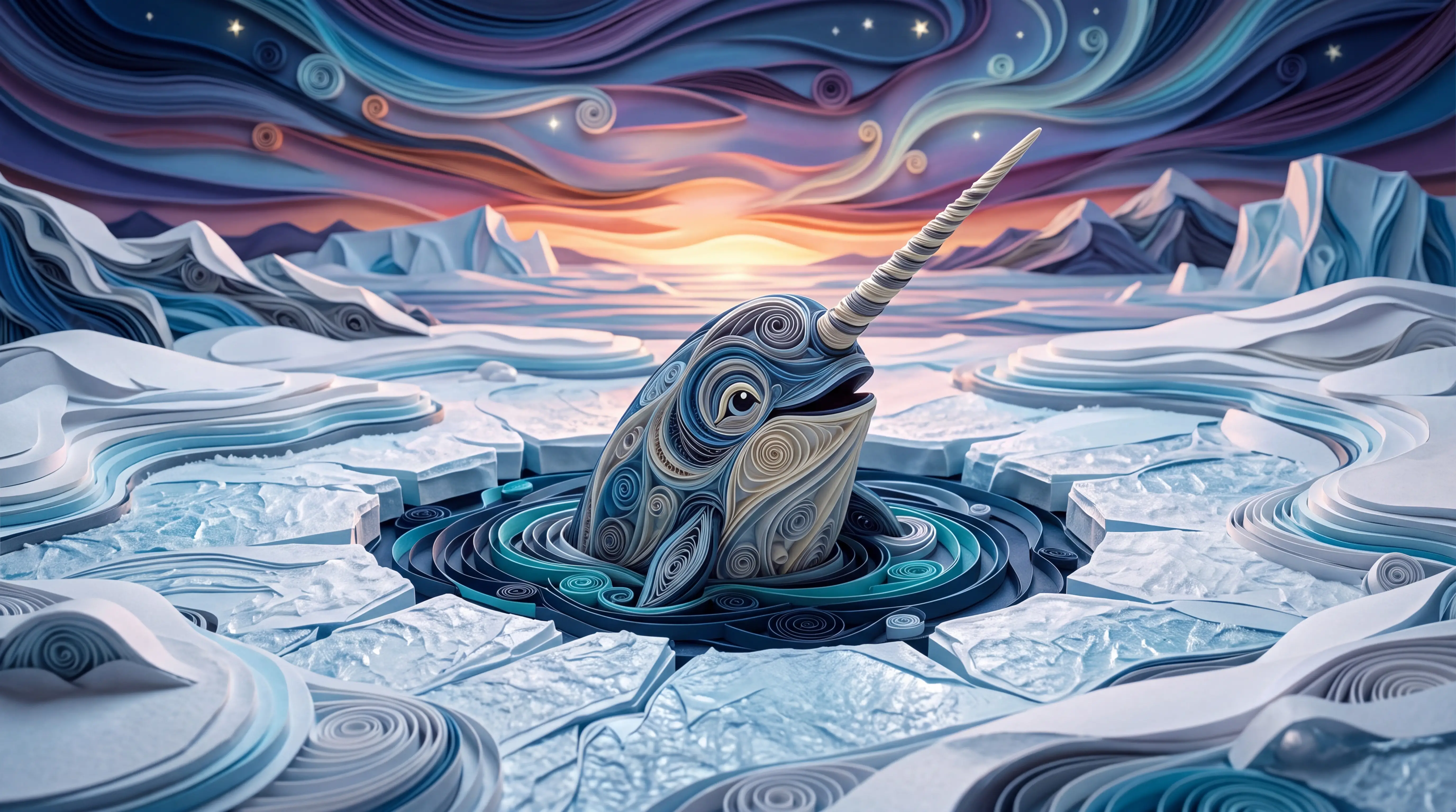 Narwhal emerging through an ice hole in paper art style