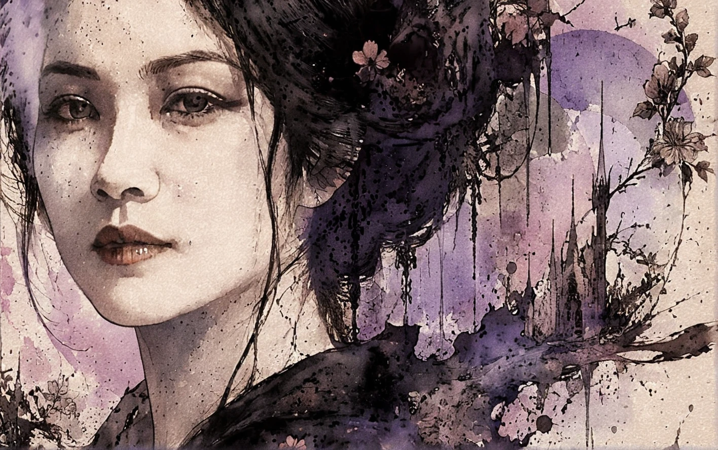 Elegant dark haired woman in ink wash gothic portrait