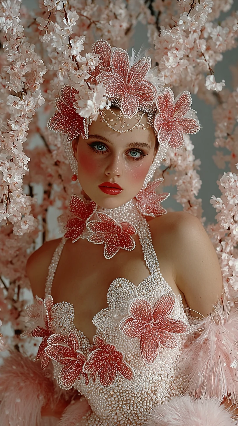 Mujer surrealista de ensueño con un delicado vestido de pétalos