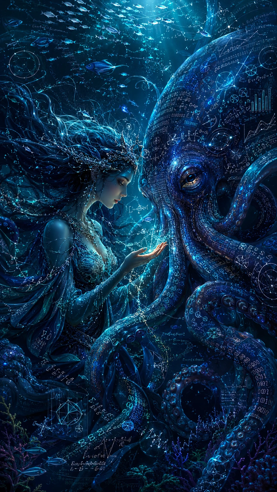 Hechicera marina encantadora con compañero pulpo tejido de datos