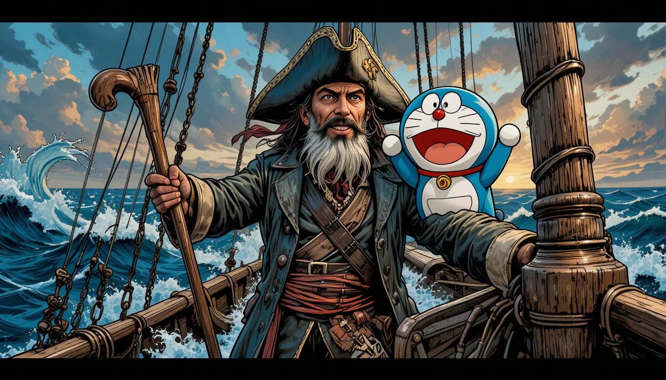 Capitán Pirata y Gato Robot en el Barco de la Isla del Tesoro