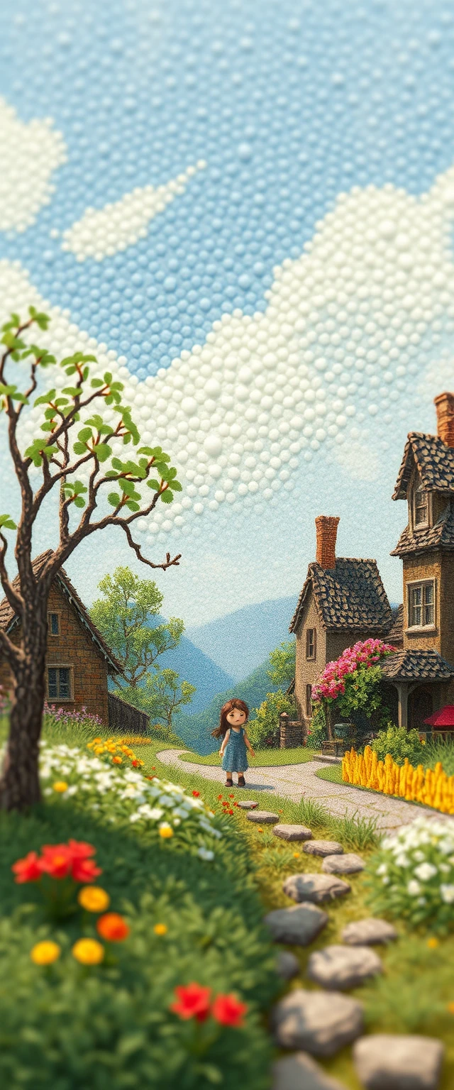 Paisaje de fantasía en miniatura con personajes suaves tipo peluche