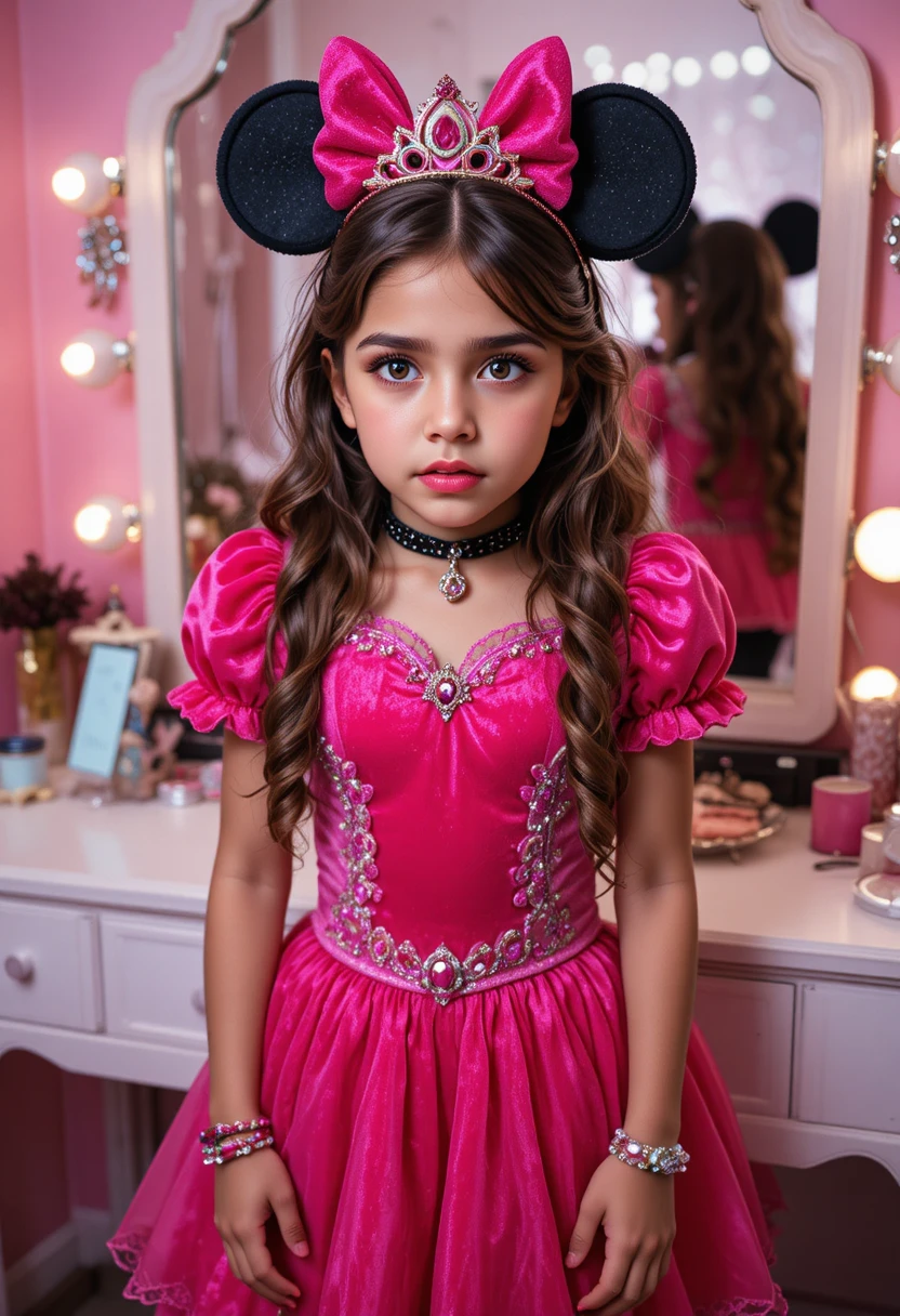 Niño preadolescente con disfraz de princesa Minnie en tocador rosa