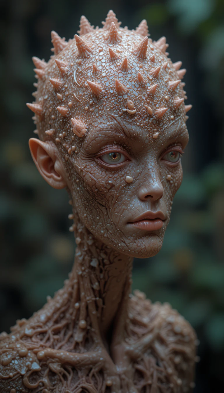 Alien humanoide en un paisaje alienígena floral y luminoso