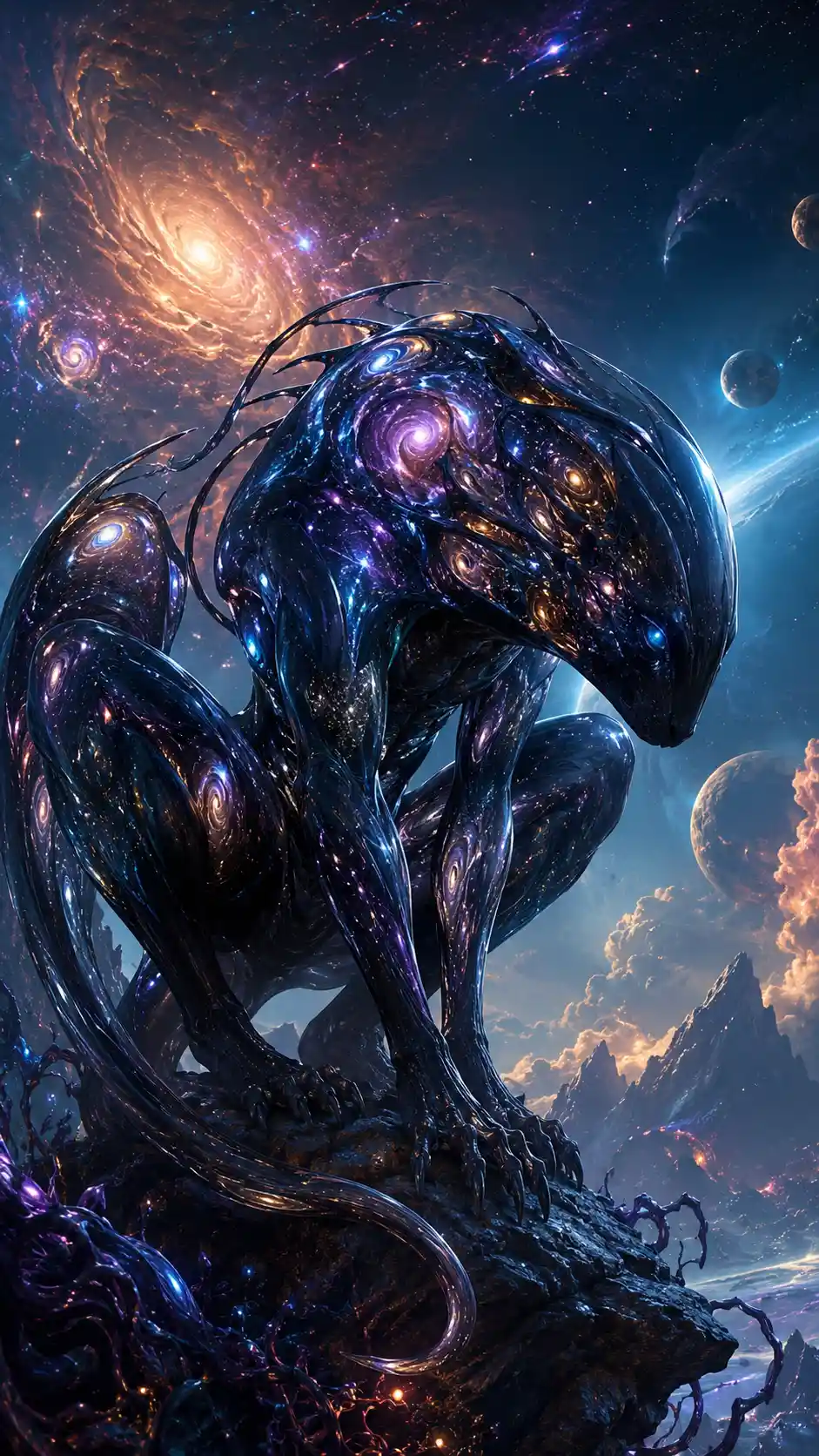 Depredador alienígena con piel de galaxia espejada en el espacio profundo