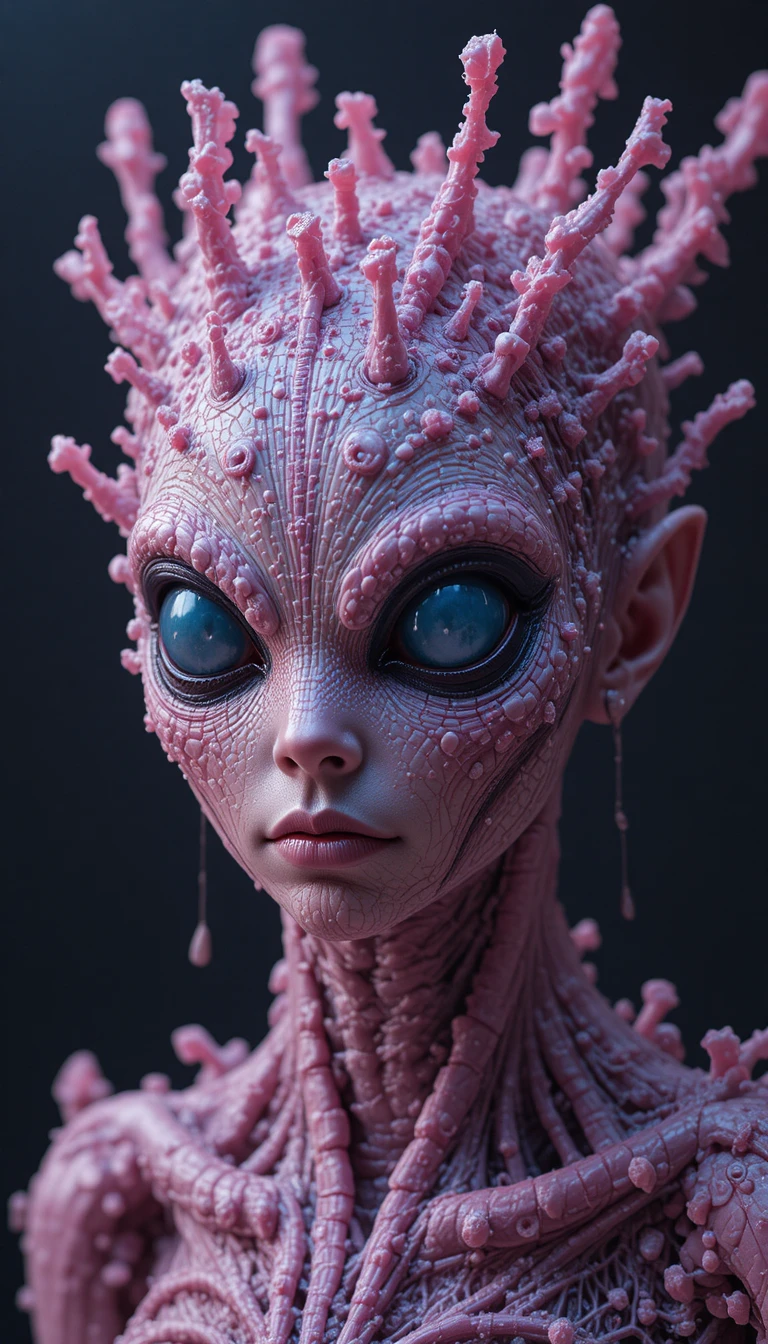 Alien feo rodeado de zarcillos brillantes del suelo en forma de pétalos
