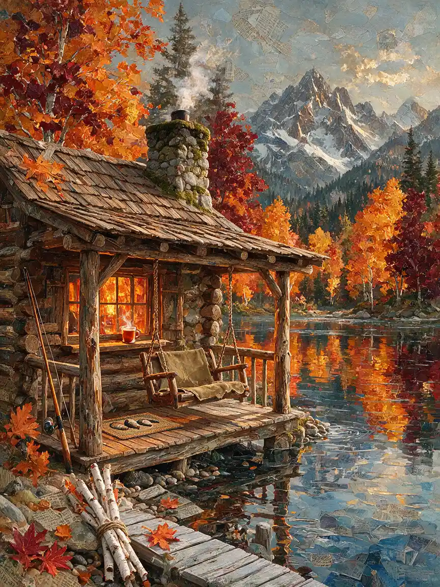 Cabaña de otoño junto a un lago de montaña en calma, estilo collage