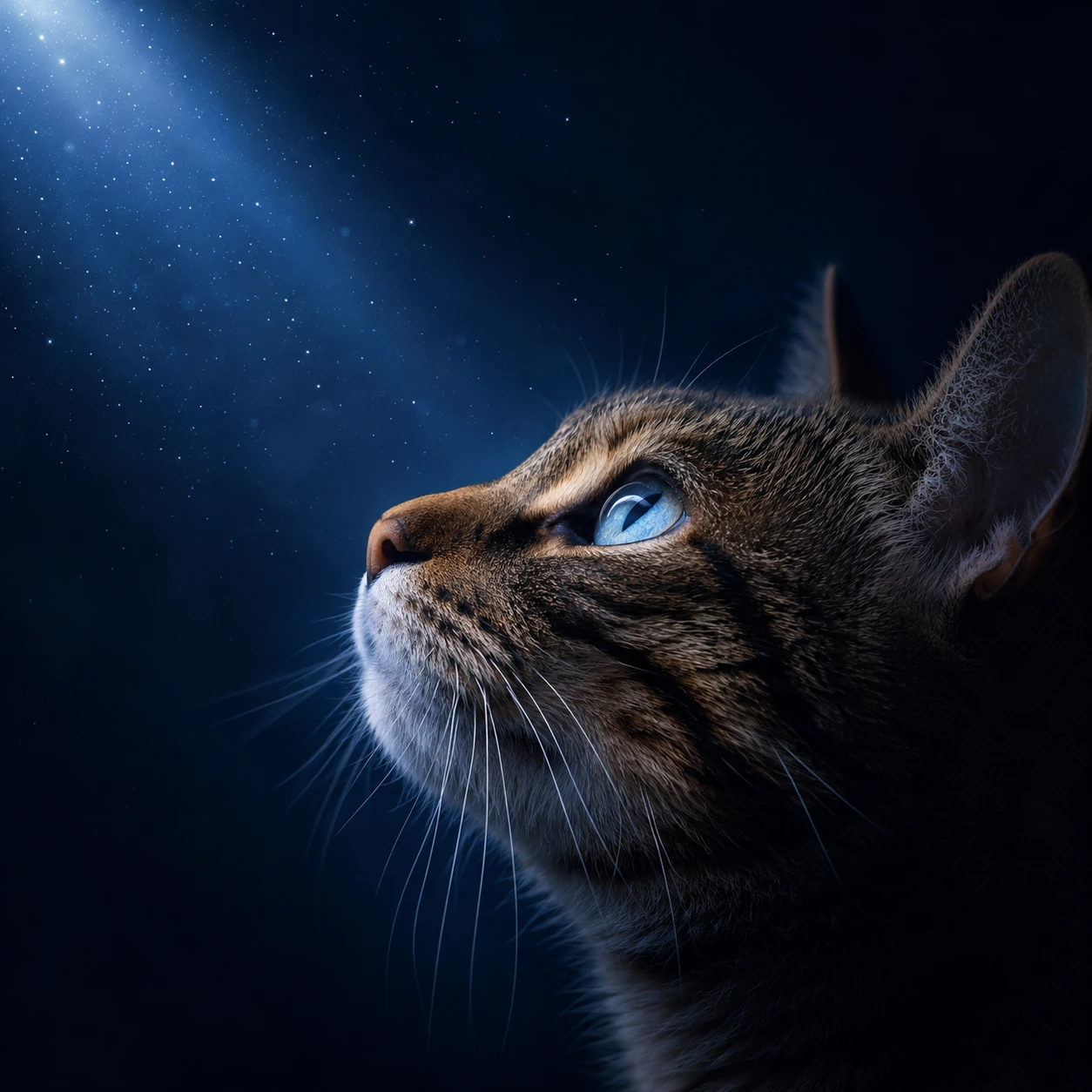 Volto di gatto marrone tigrato illuminato da un triangolo di luce stellare