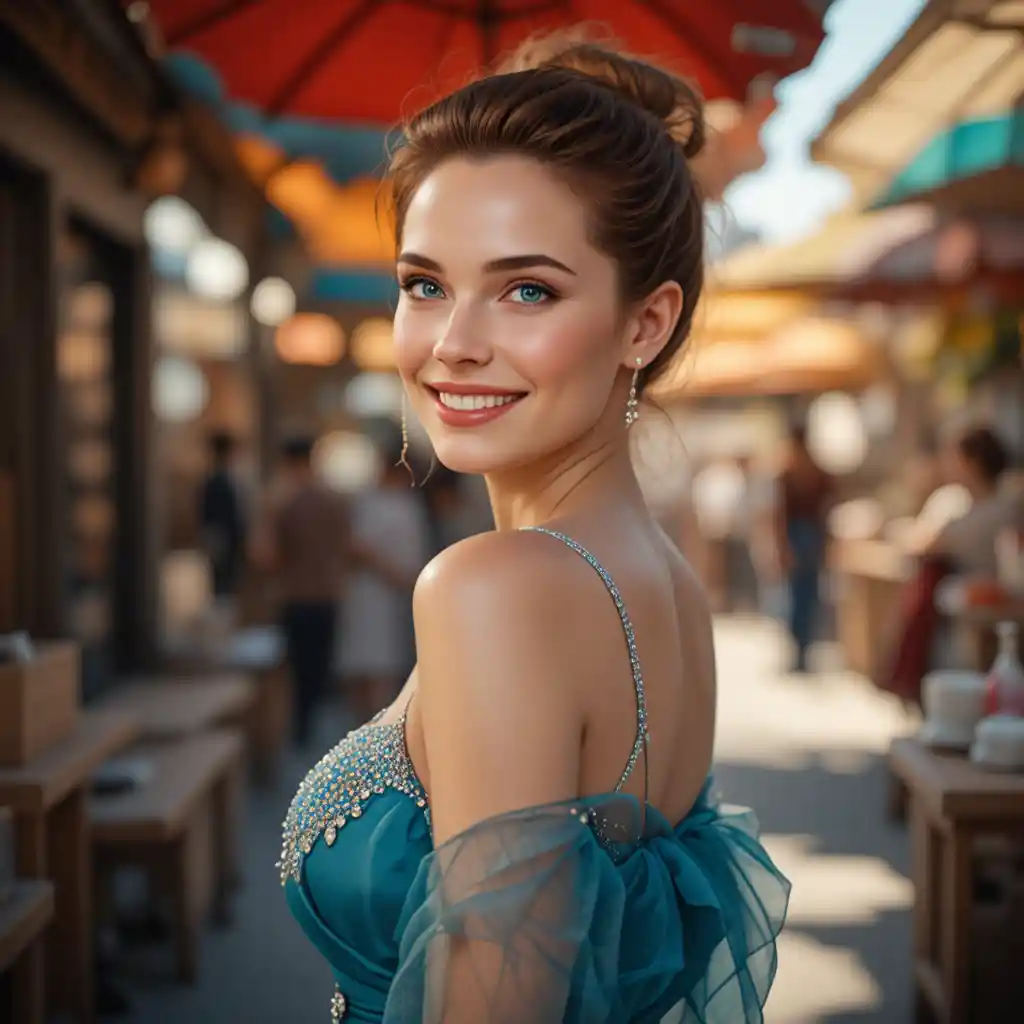 Blue eyed woman in teal silk top at sunny market