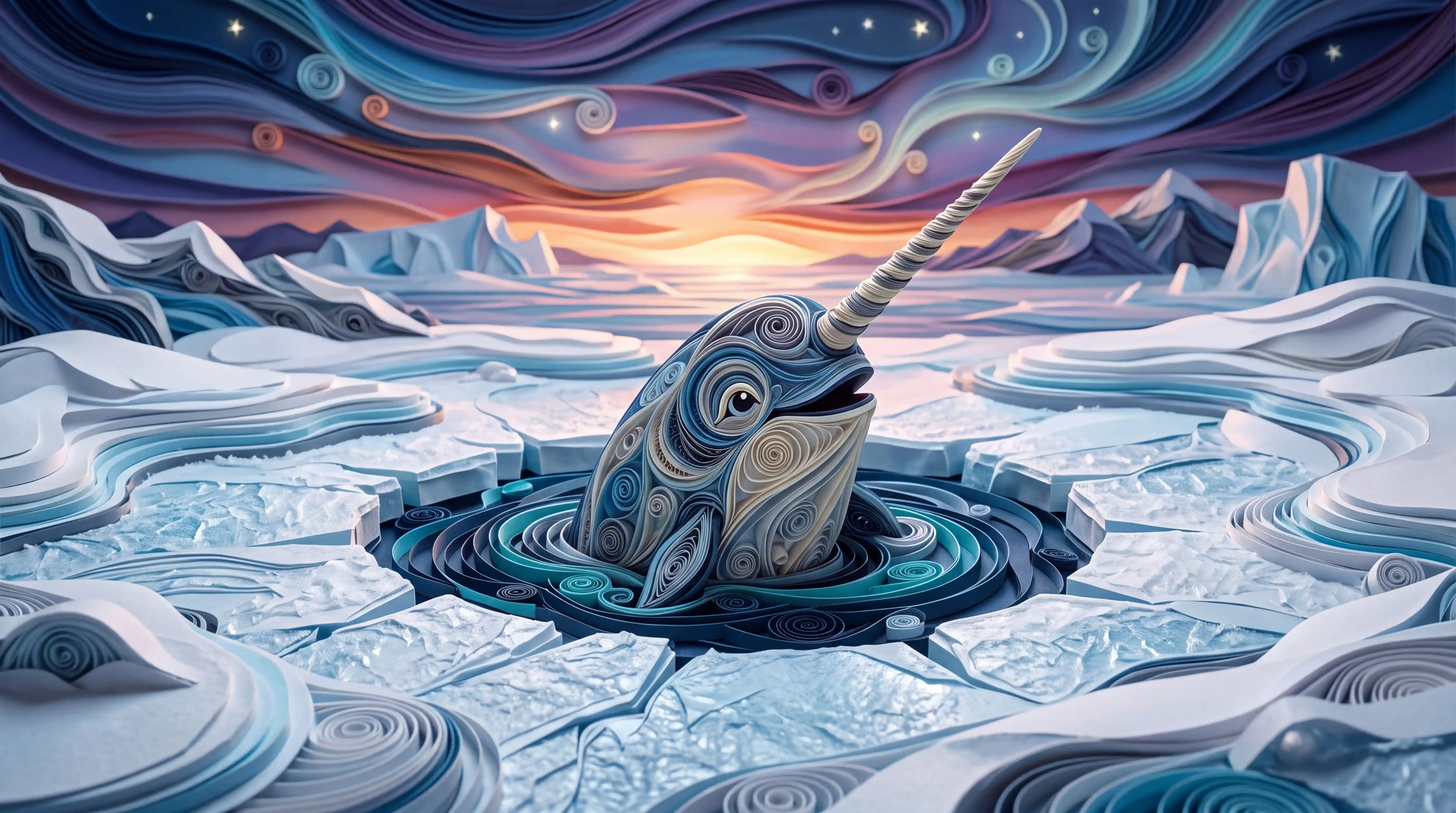 Narwhal emerging through an ice hole in paper art style